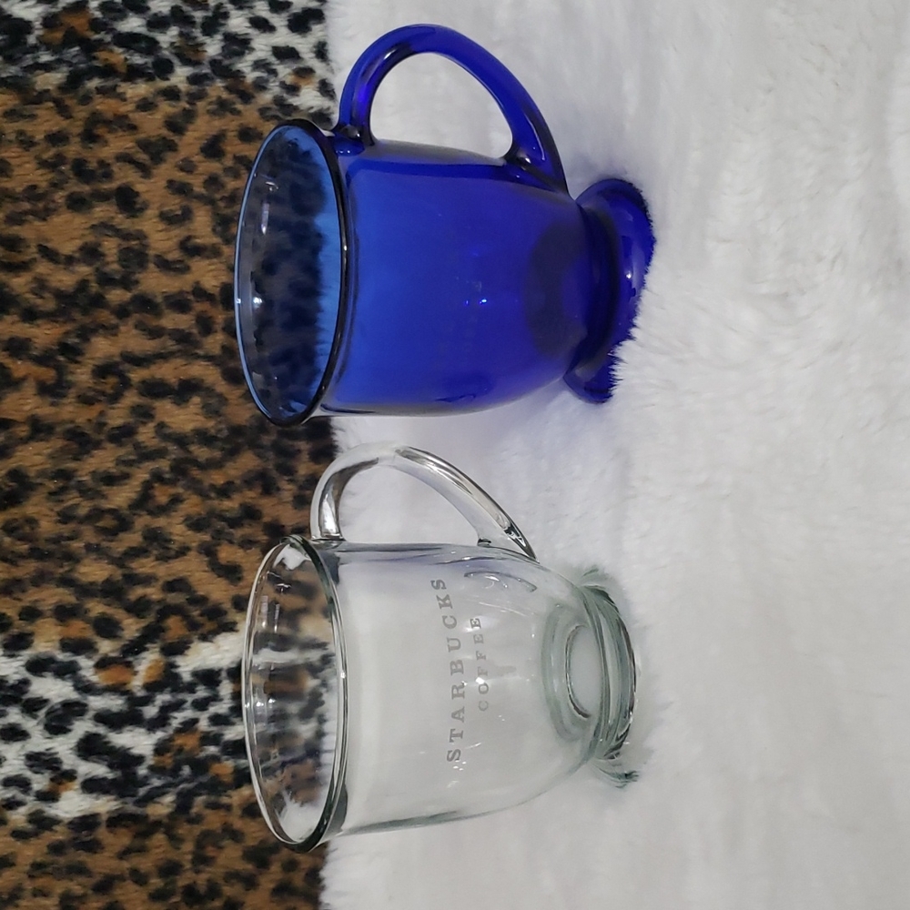 2 Starbucks Coffee Glass Mugs 1 Blue 1 White color